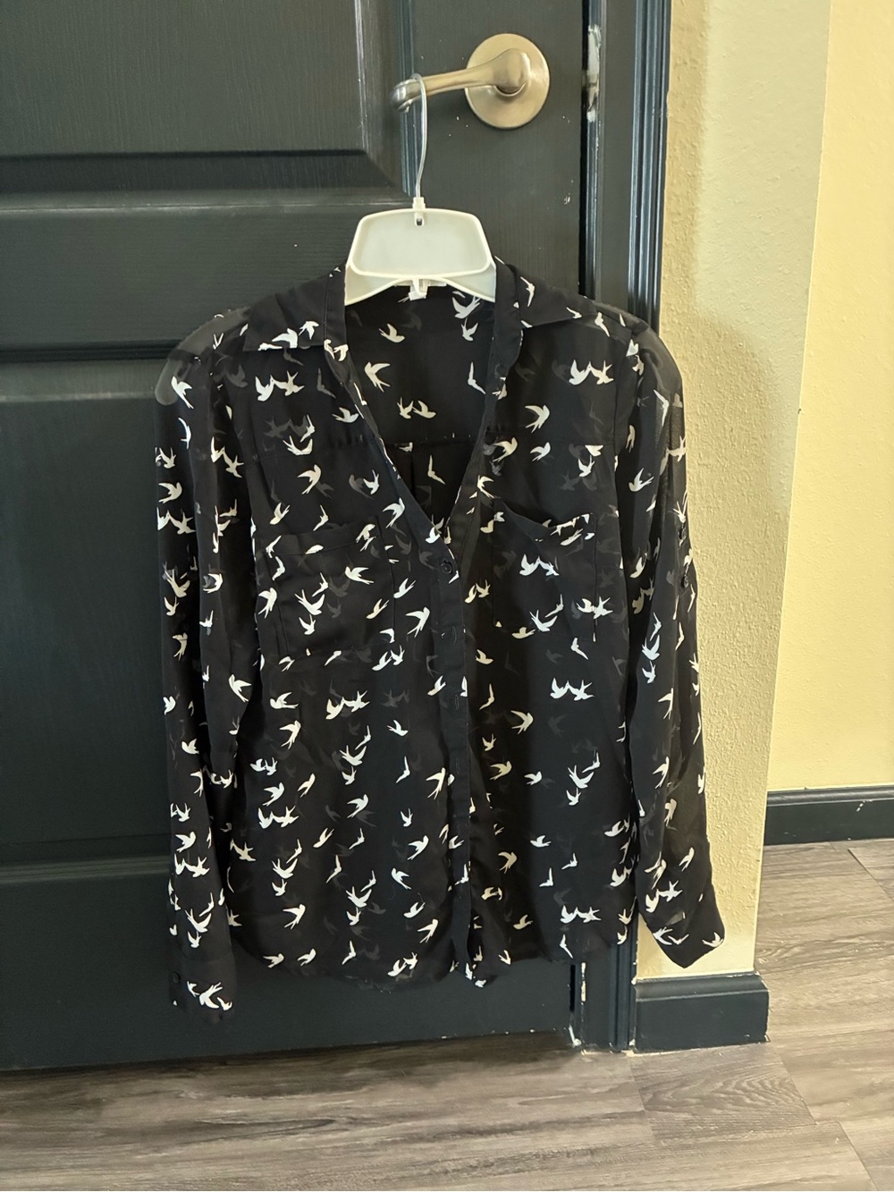 Express Black Shirt with White Bird Print